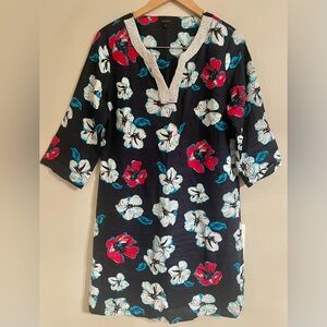 Talbots 100% Linen Beaded V-Neck Floral Tunic Dress, Size Medium- EUC